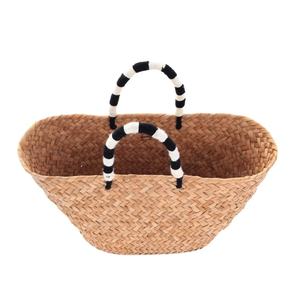 Kayu St Tropez Pom Pom Straw Tote Blk White Striped Handles Basket Summer‎ Light